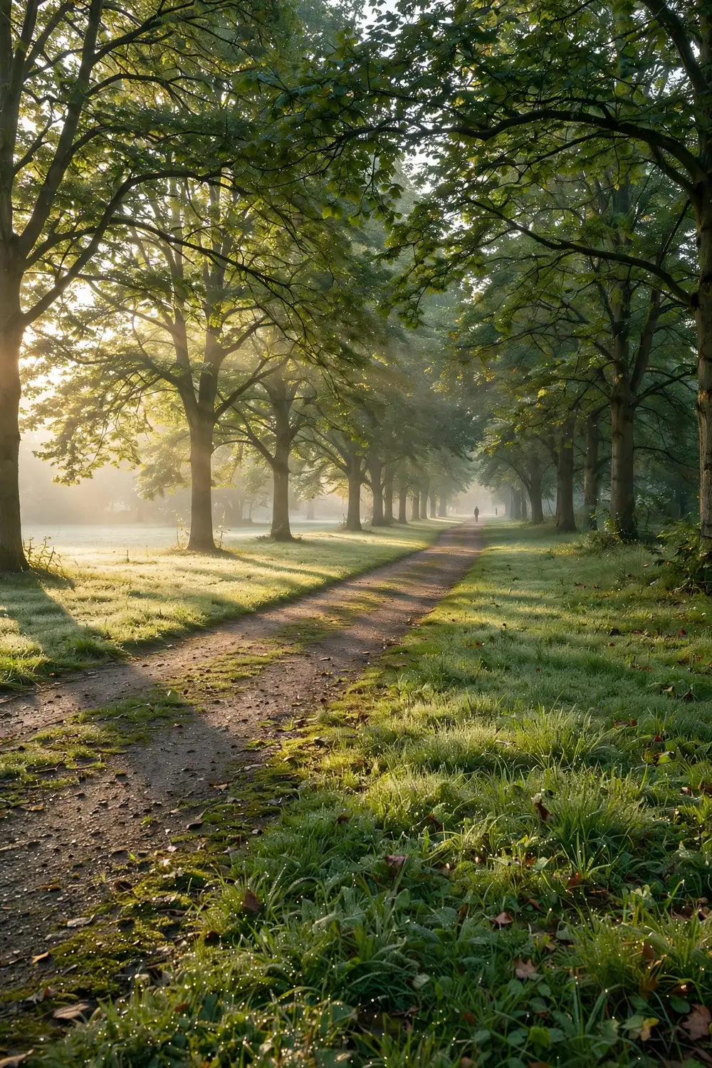 A tree-lined park path in morning light