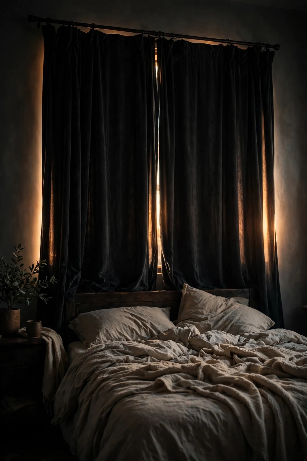 A dark cosy bedroom with heavy curtains