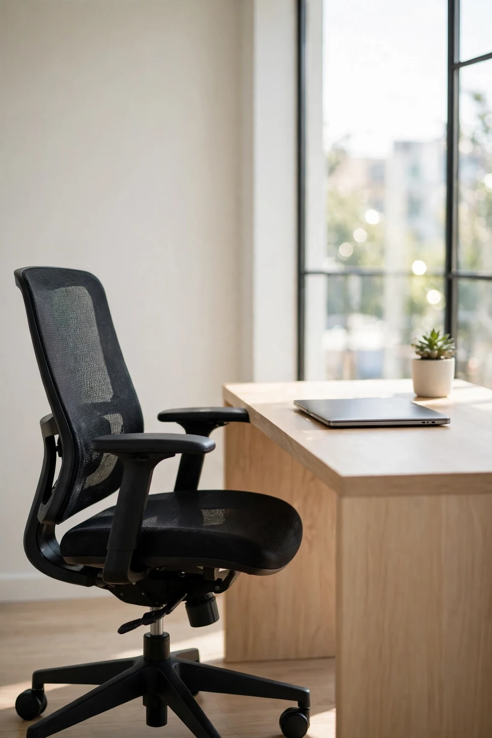 An ergonomic office chair beside a tidy desk