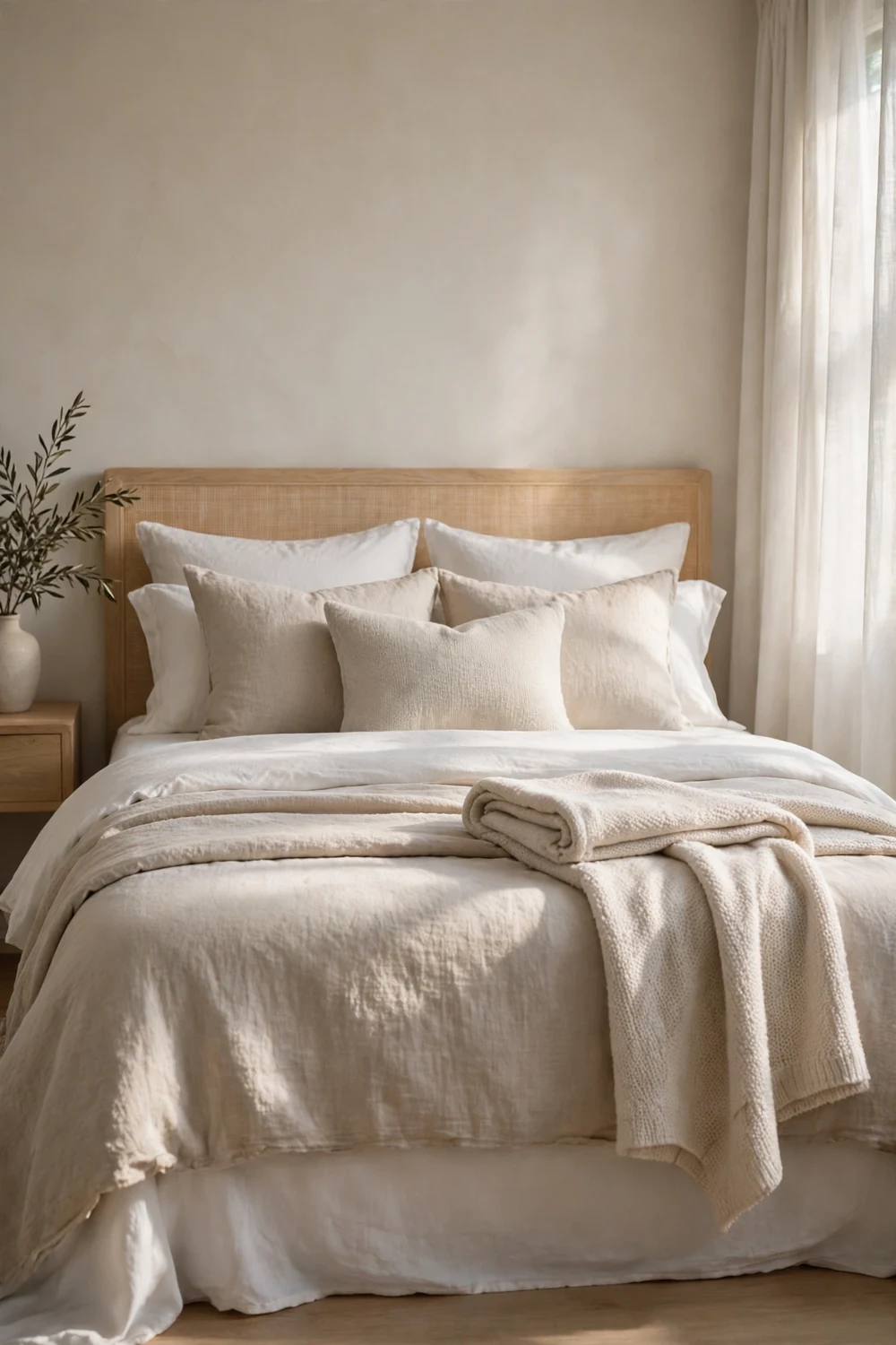A neatly made bed with layered pillows
