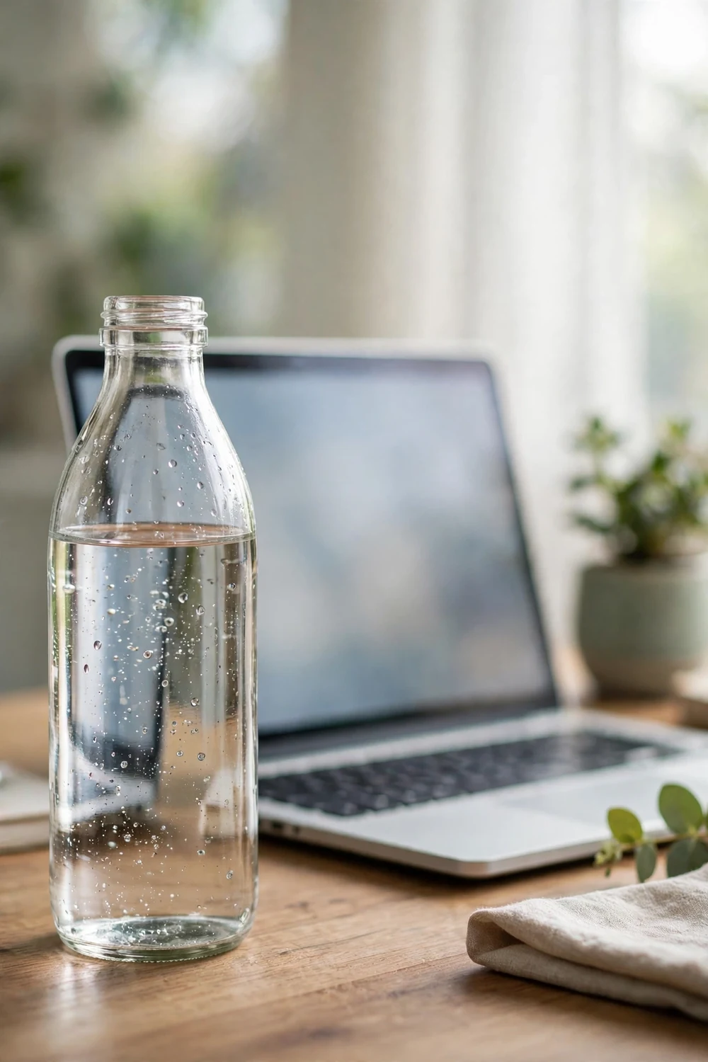 A glass water bottle on a desk