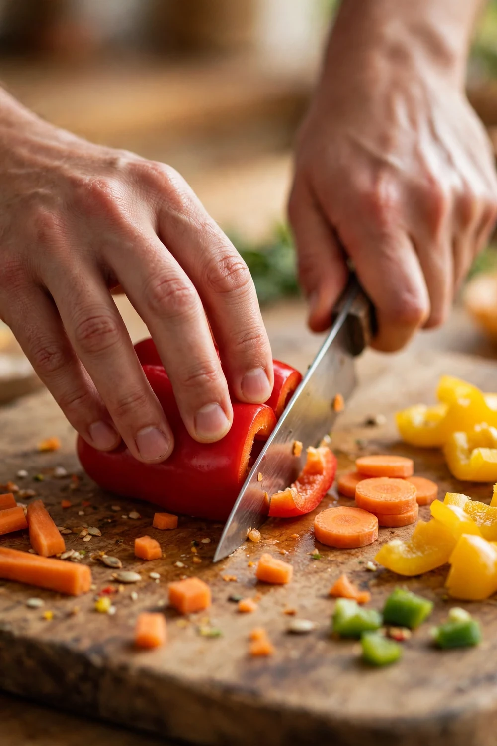 Hands learning to chop vegetables on a wooden board