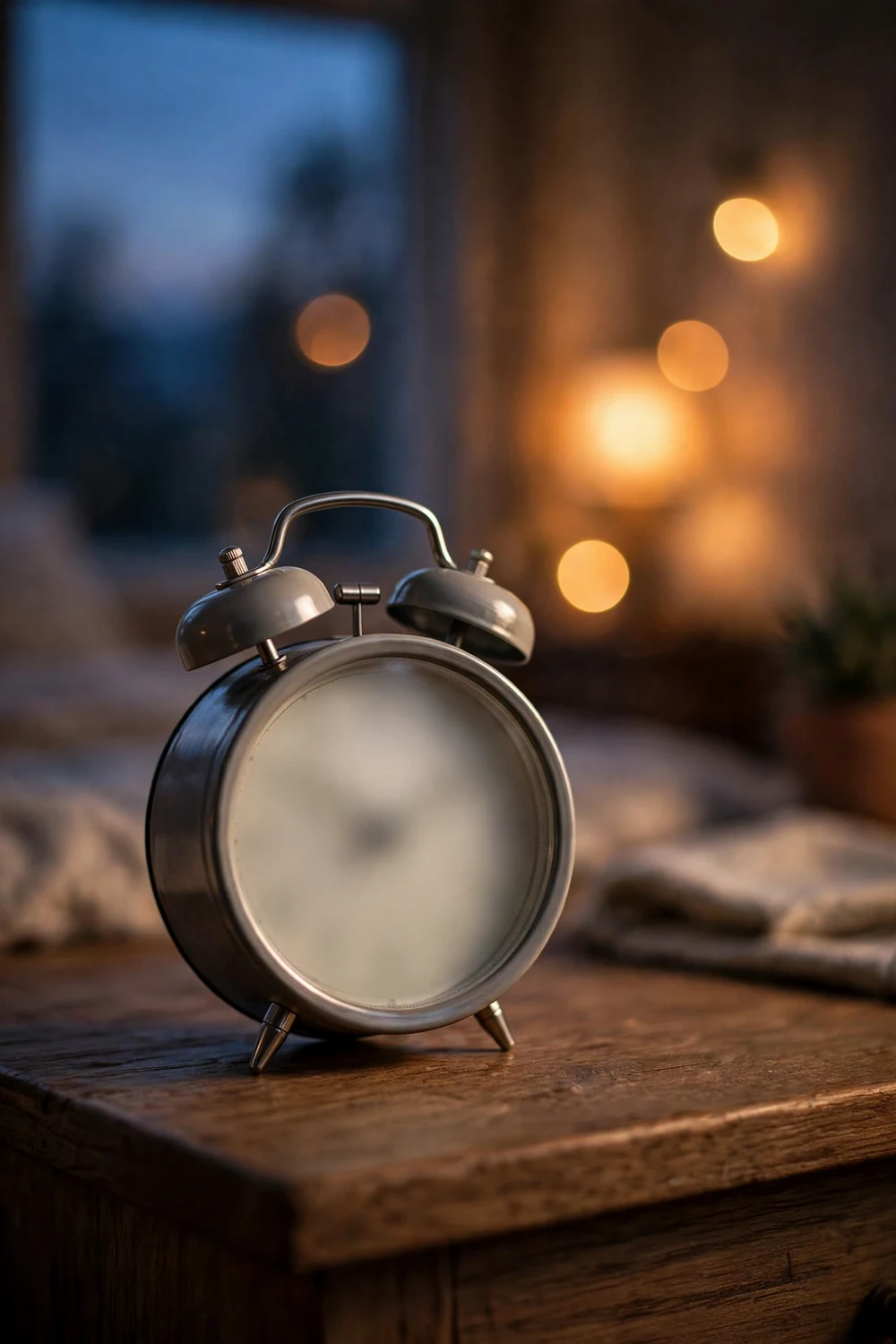 An alarm clock on a bedside table at dusk