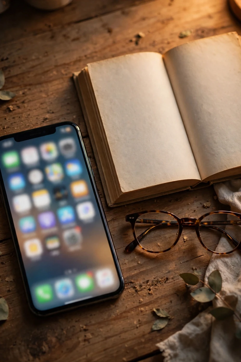A phone beside a paper book and glasses