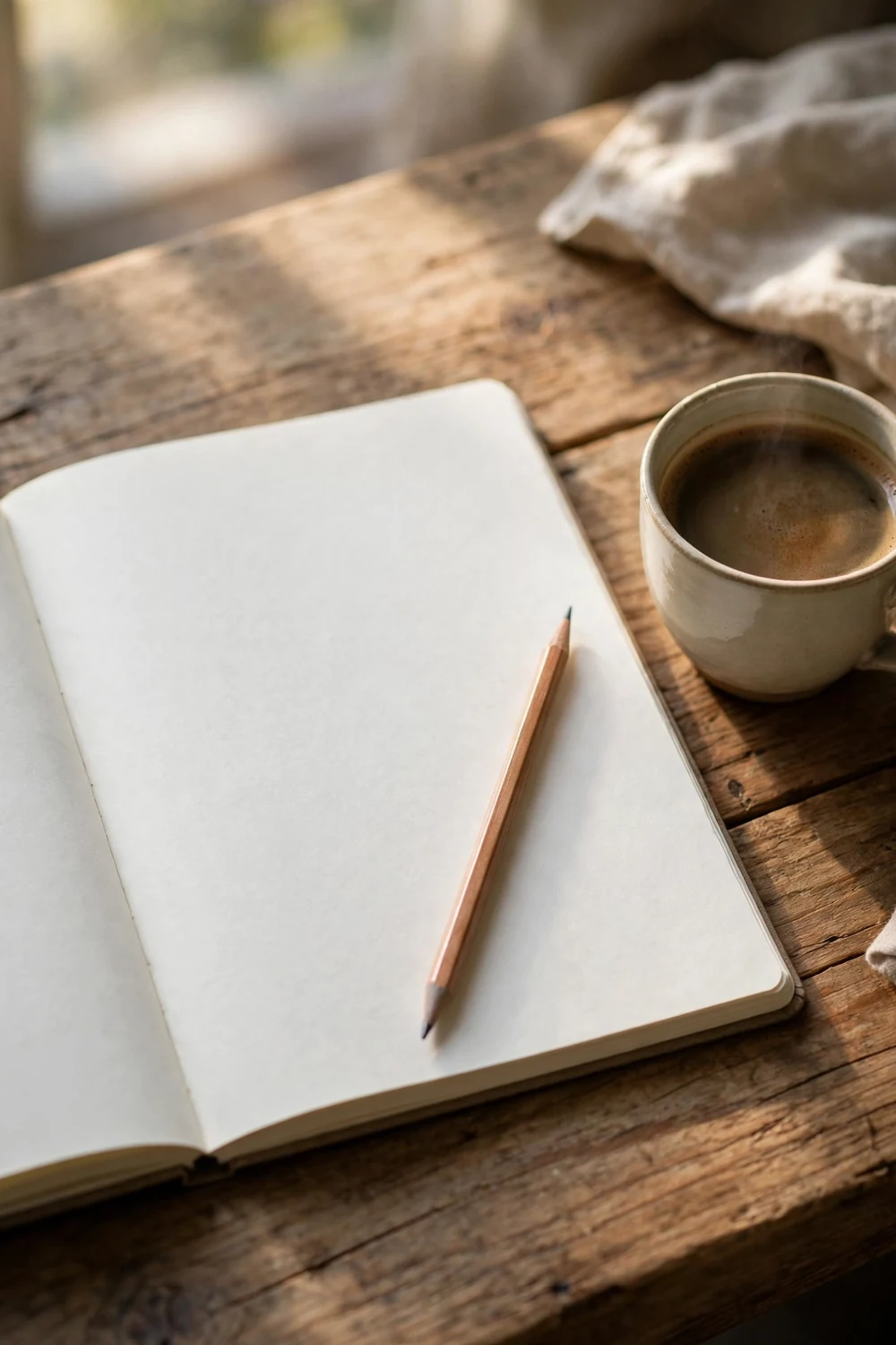 A notebook open to a blank page with a pencil