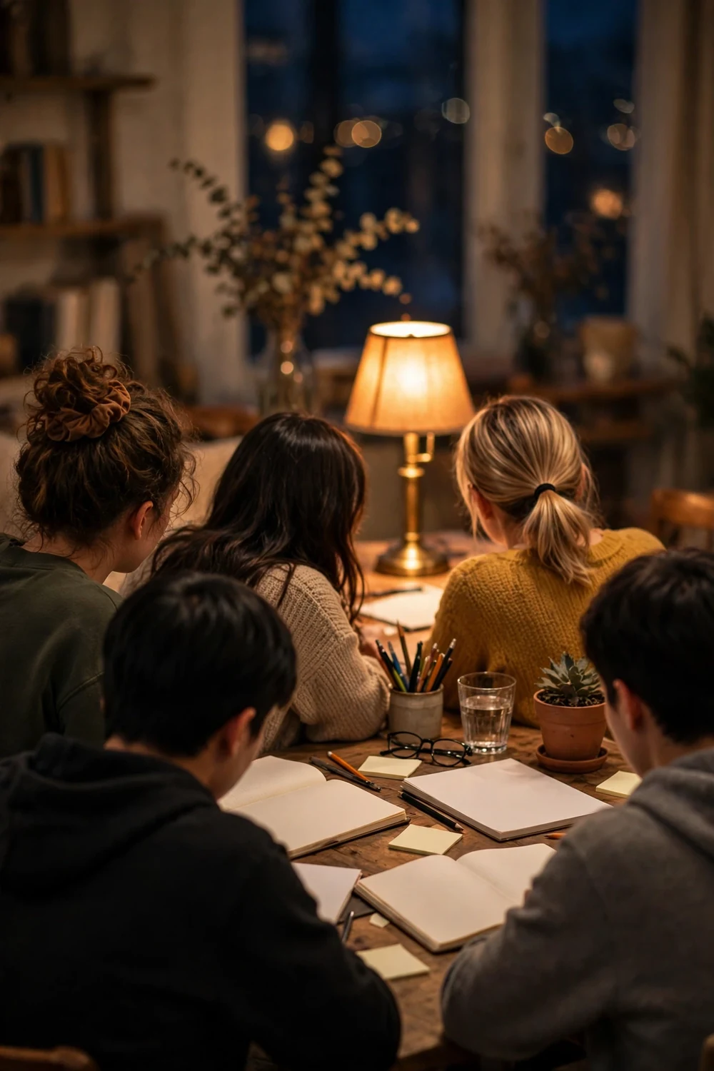 A small study group seen from behind in warm light