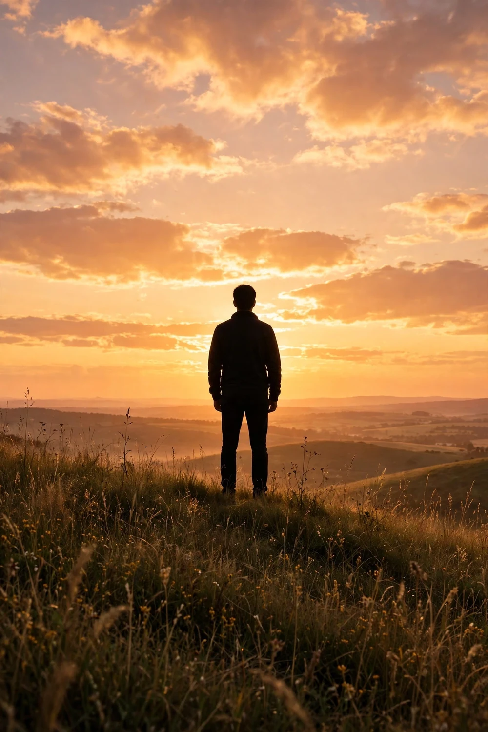 A silhouette standing tall on a hill at golden hour