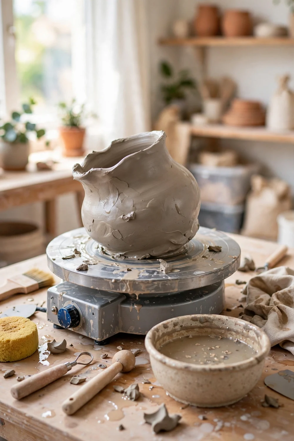 A beginner's pottery wheel with a lopsided clay pot