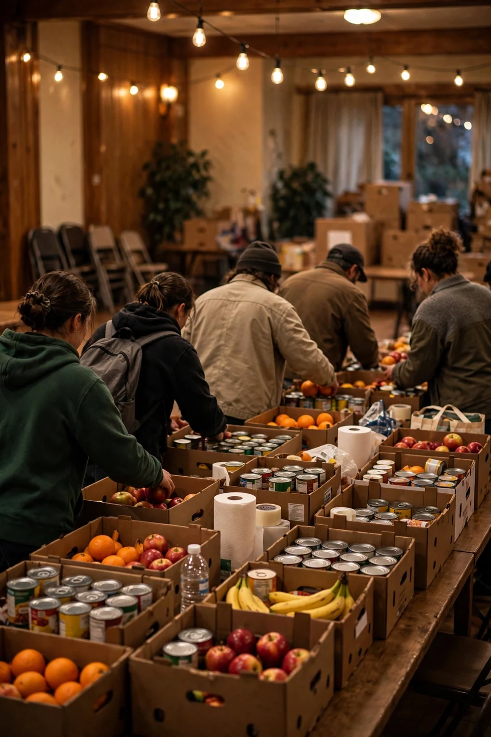 Volunteers packing food boxes at a community table