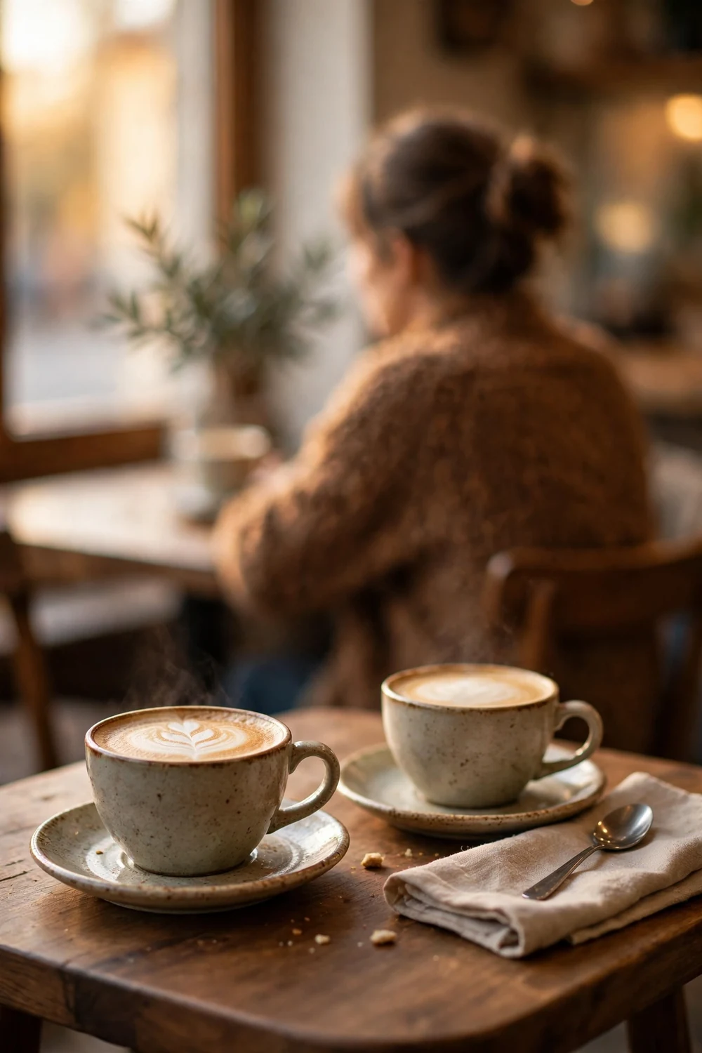 Two coffee cups on a cafe table