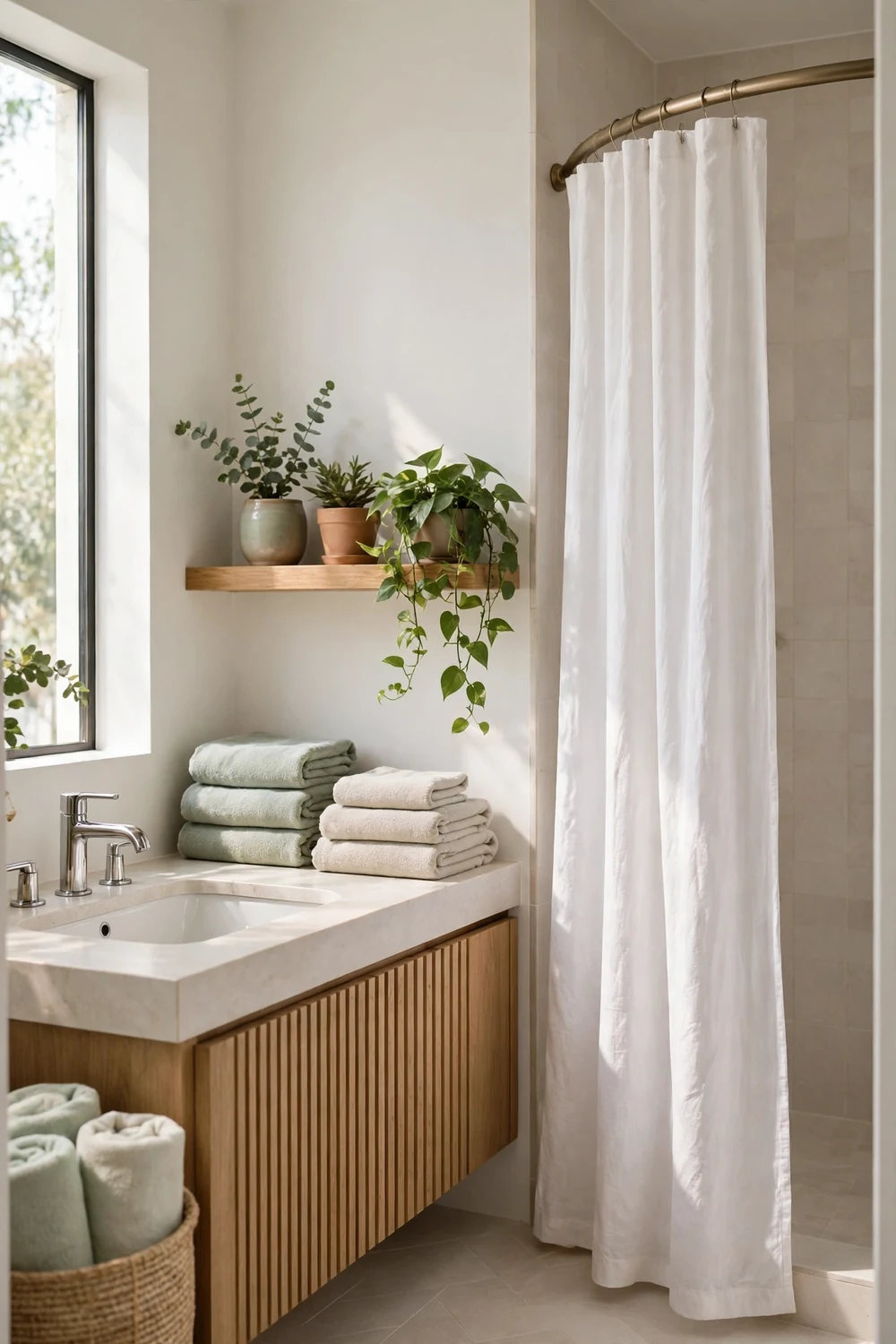A bright modern bathroom with a curved shower rod