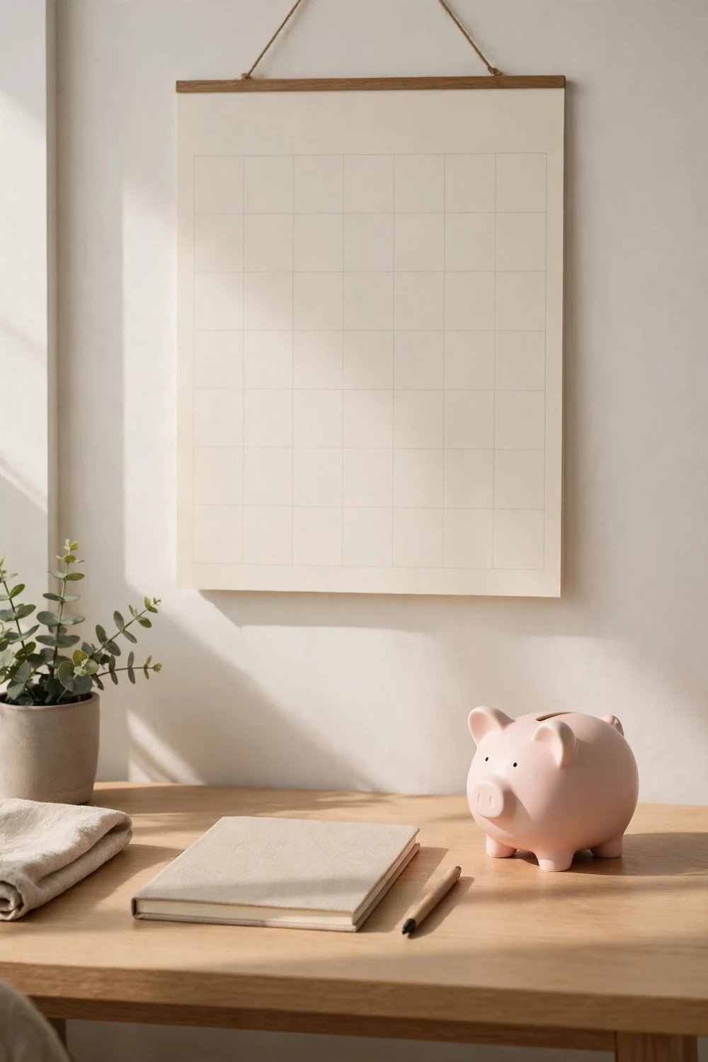 A tidy desk with a calendar and a piggy bank
