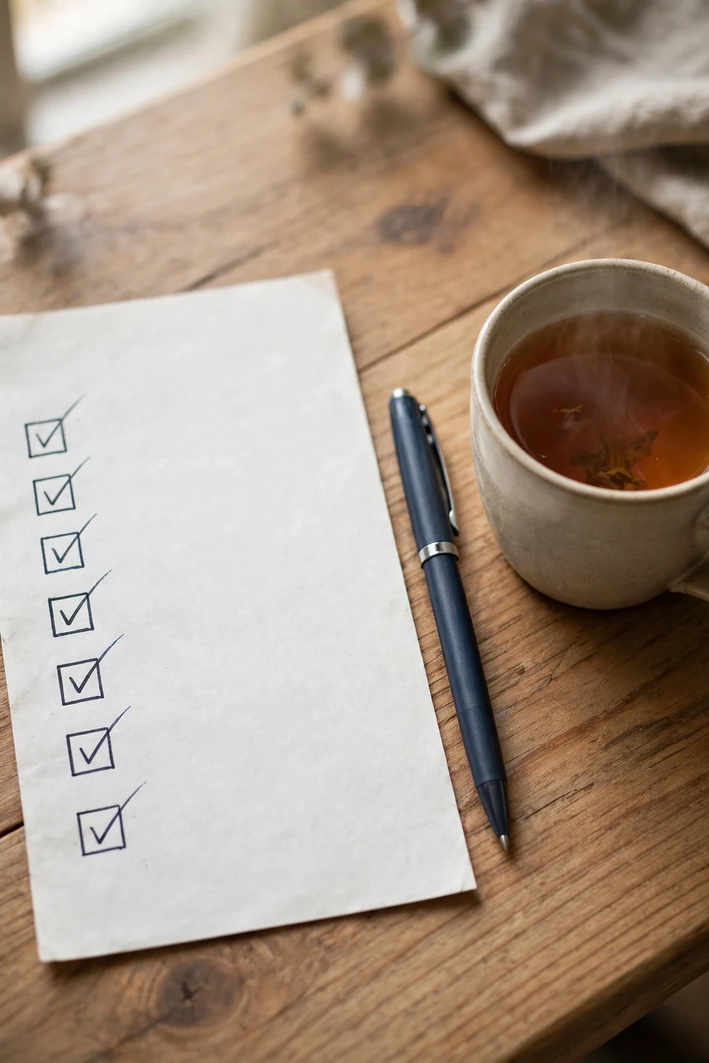 A checked-off paper list beside a pen