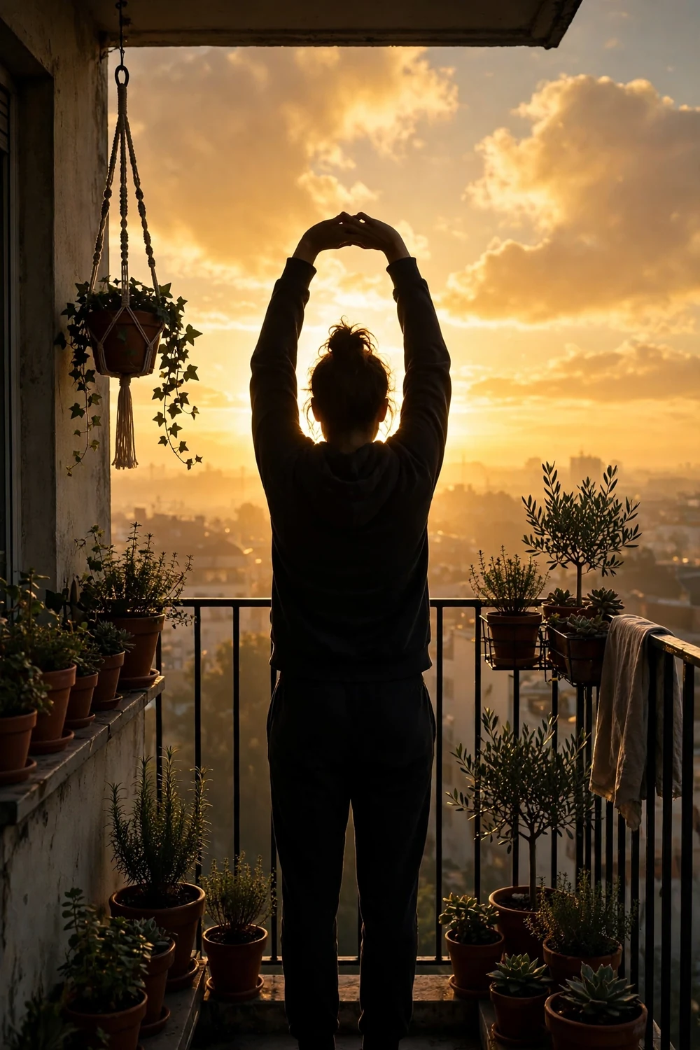 A balcony at sunrise with a stretching silhouette