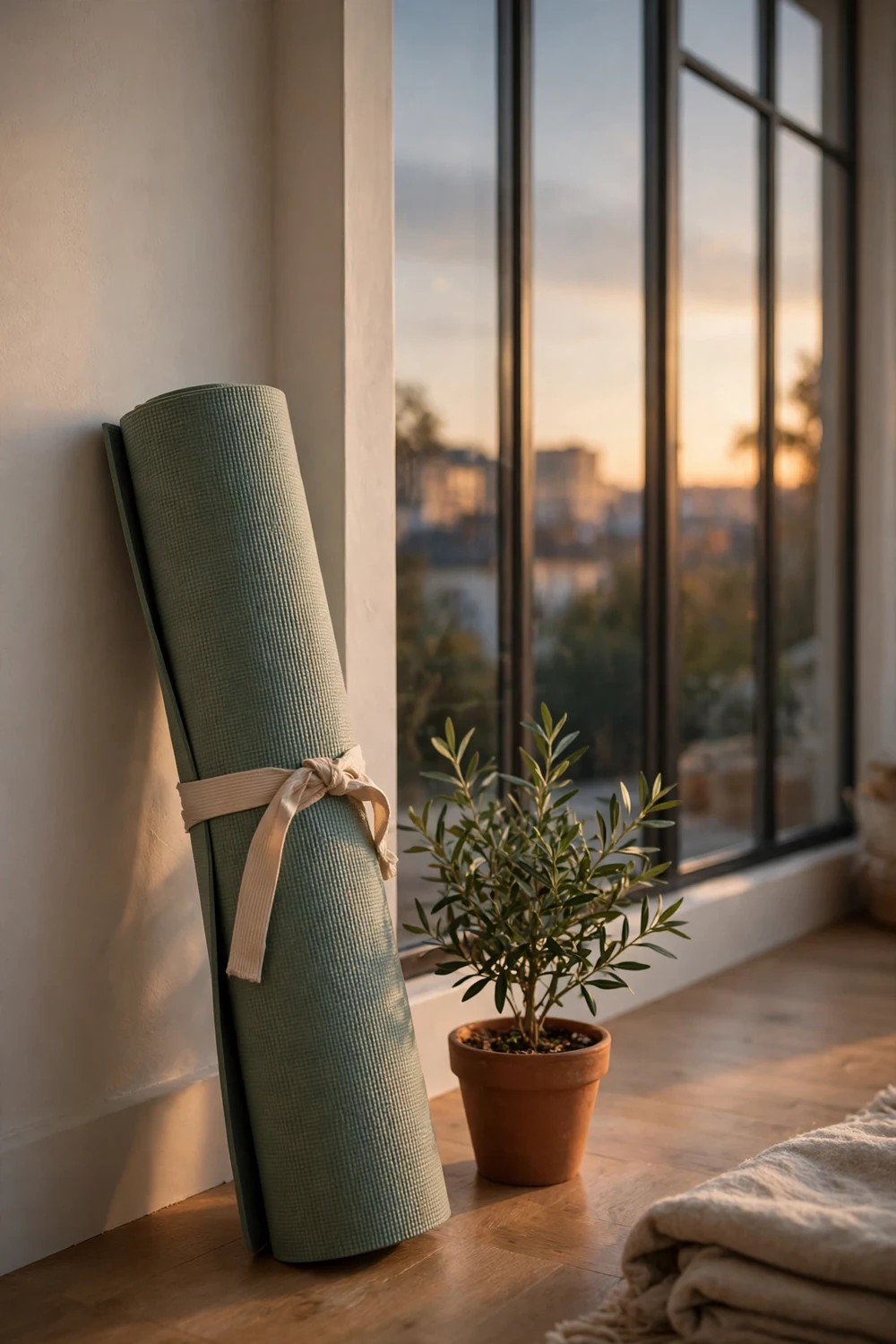 A yoga mat by a window in evening light