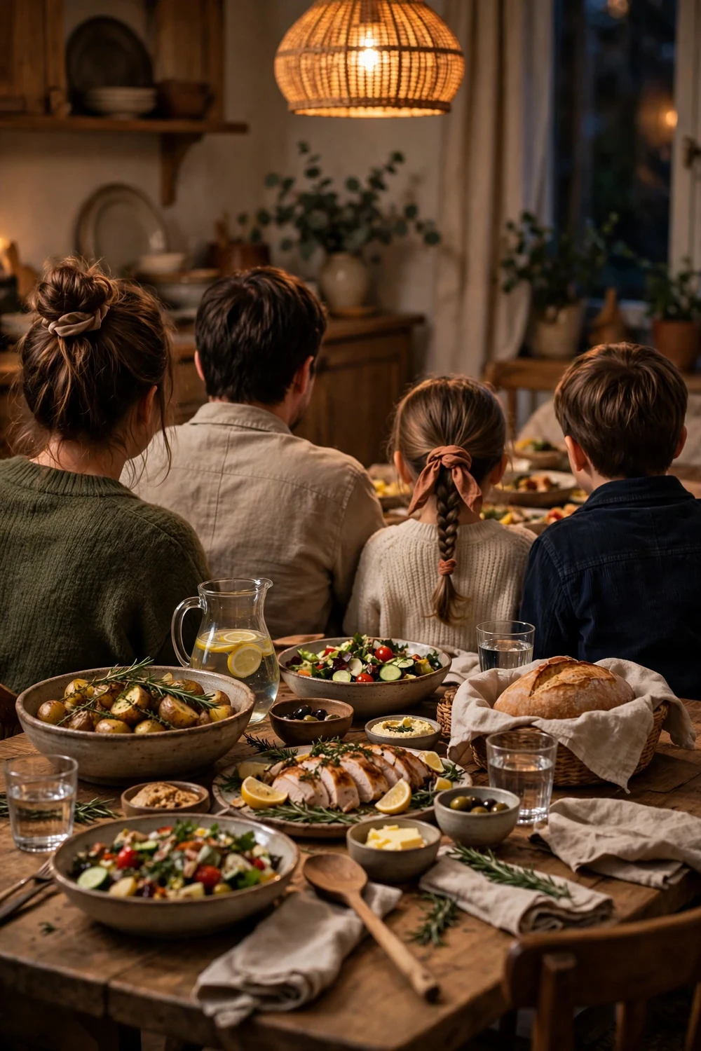 A family dinner table seen from behind, warm light
