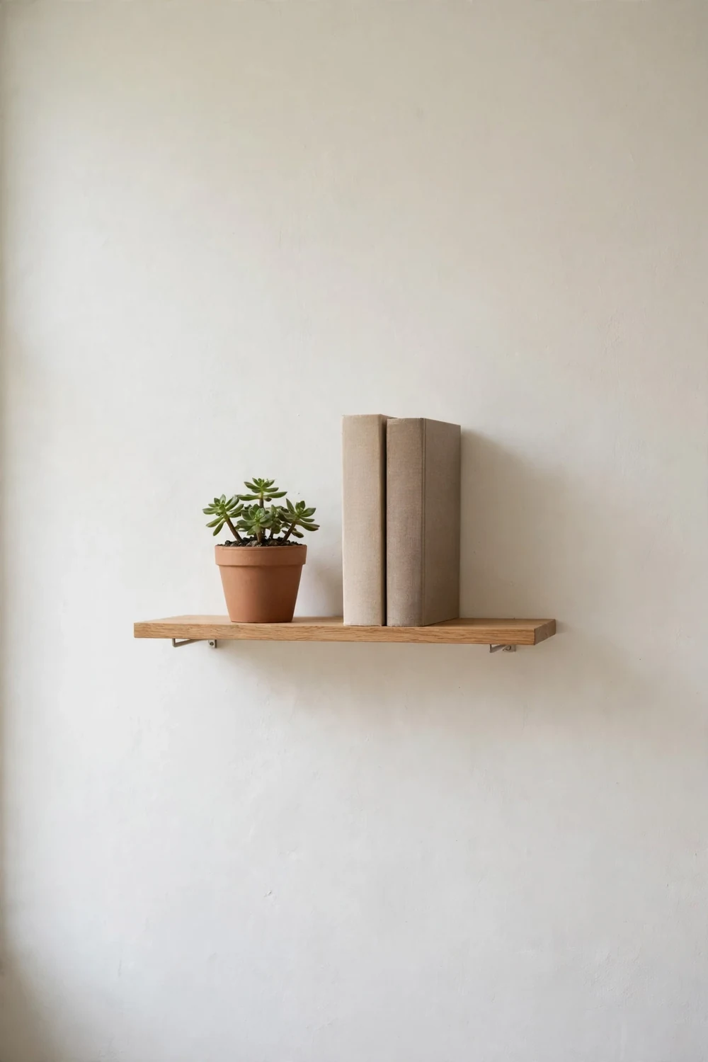 A single clear shelf with a plant and two books