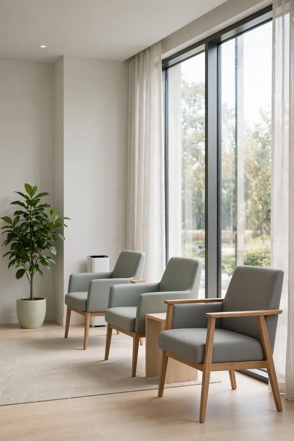 A calm clinic waiting room in soft light