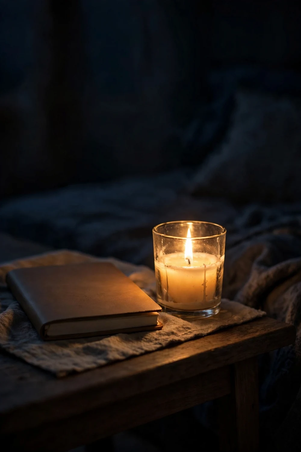 A journal and candle on a bedside table