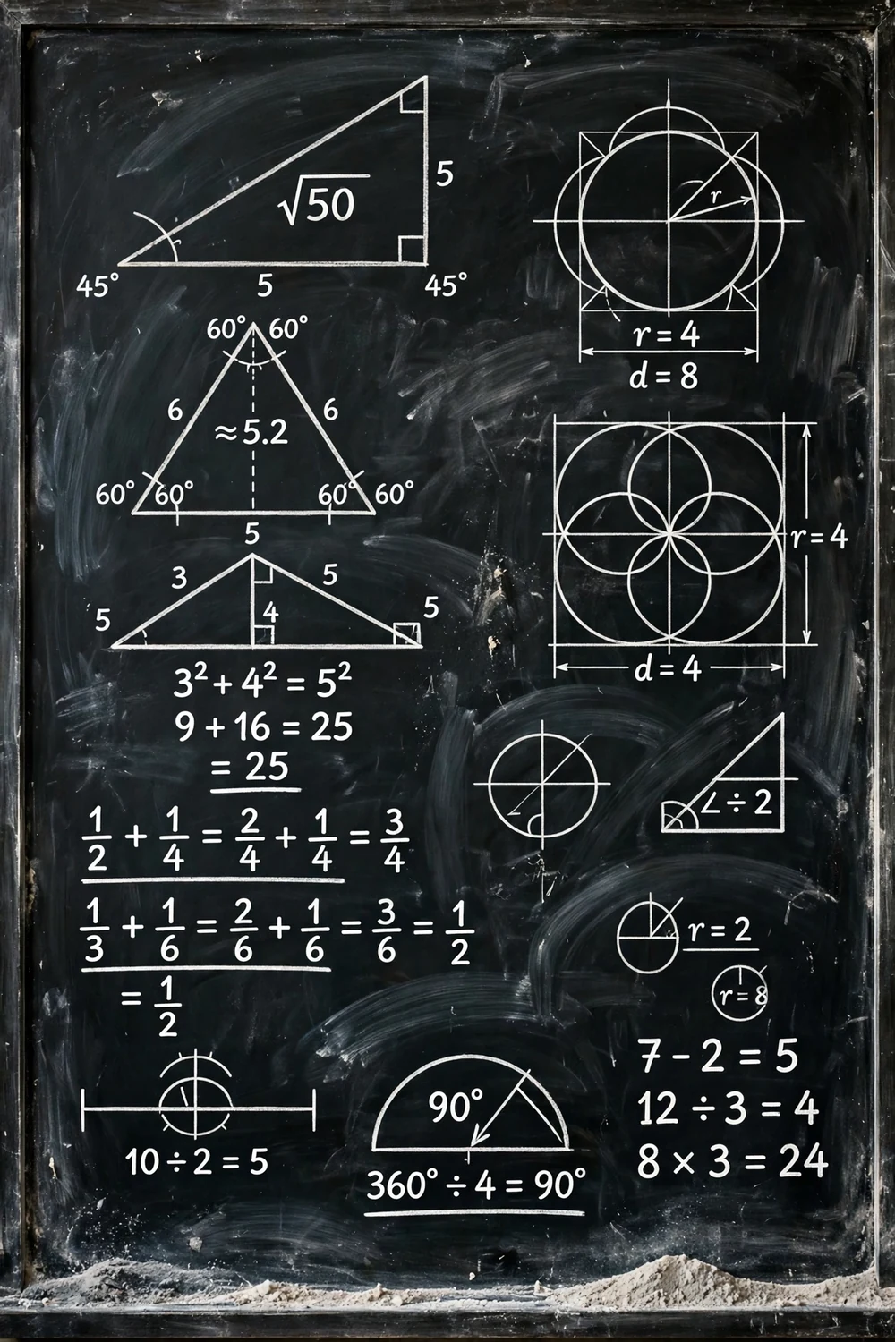 A chalkboard covered in geometry diagrams and maths working