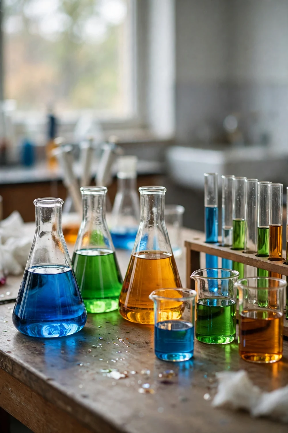 A school science lab bench with flasks of coloured liquid