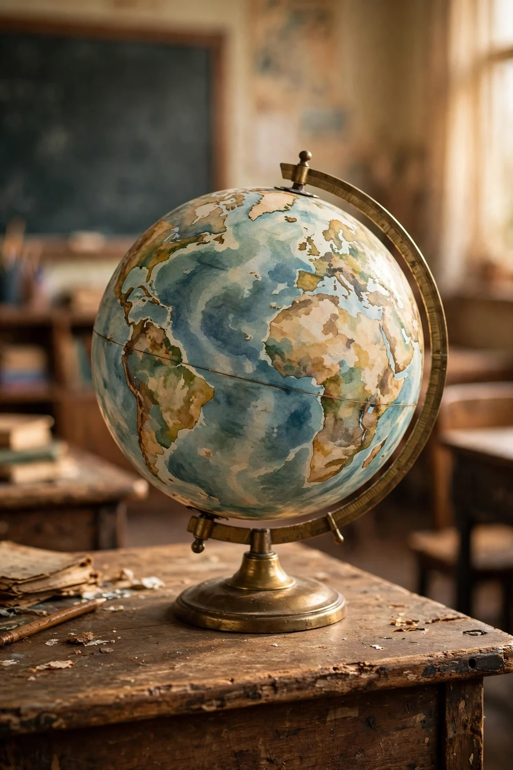 A classroom globe on a wooden desk