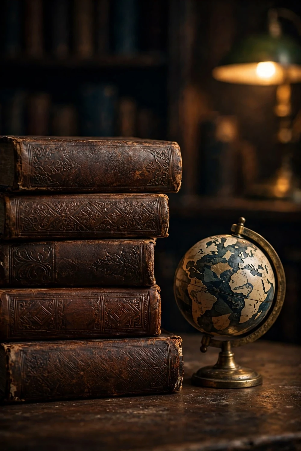 A stack of old history books with a vintage globe
