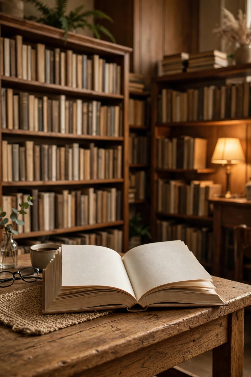 A cosy school library corner with open books