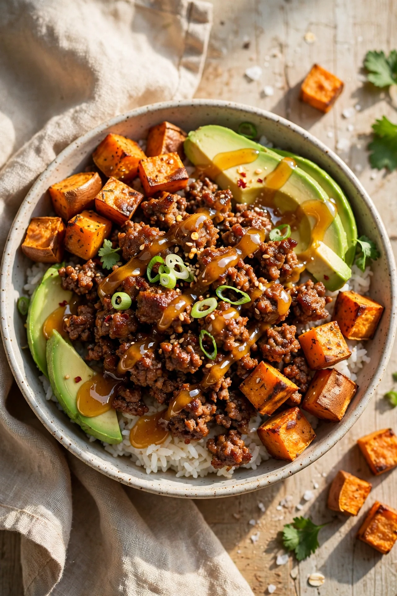 Hot honey ground beef bowl with rice and vegetables