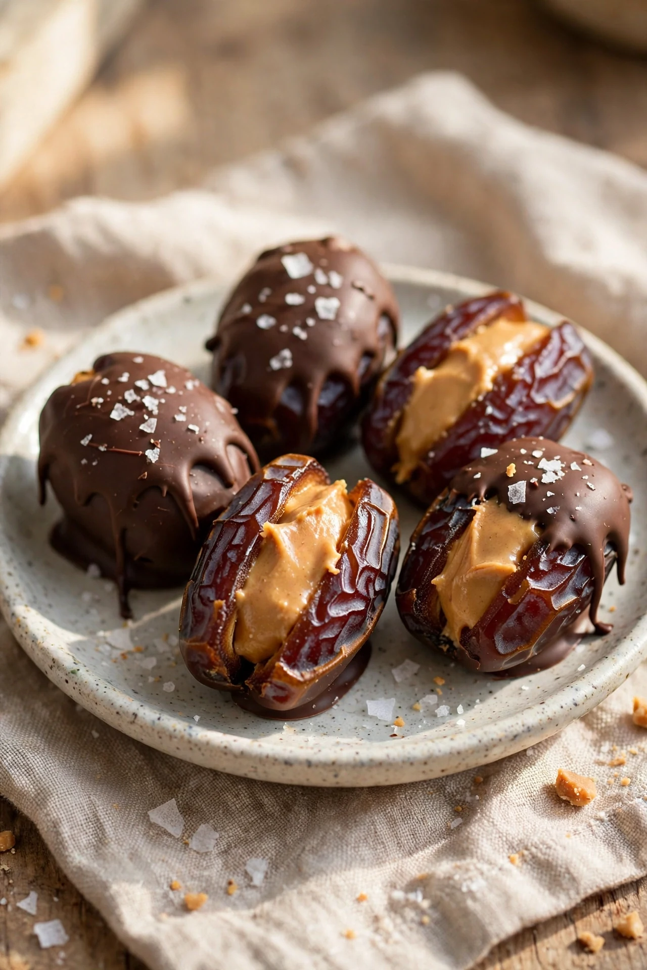 Chocolate-dipped stuffed dates sprinkled with flaky sea salt