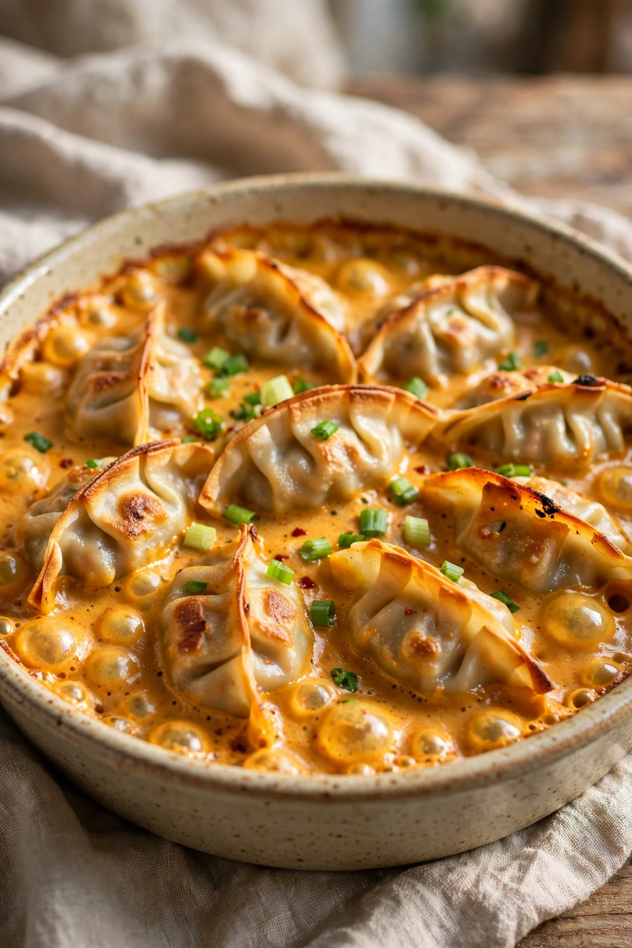 Baked gyoza dumplings in a creamy curry sauce in a casserole dish