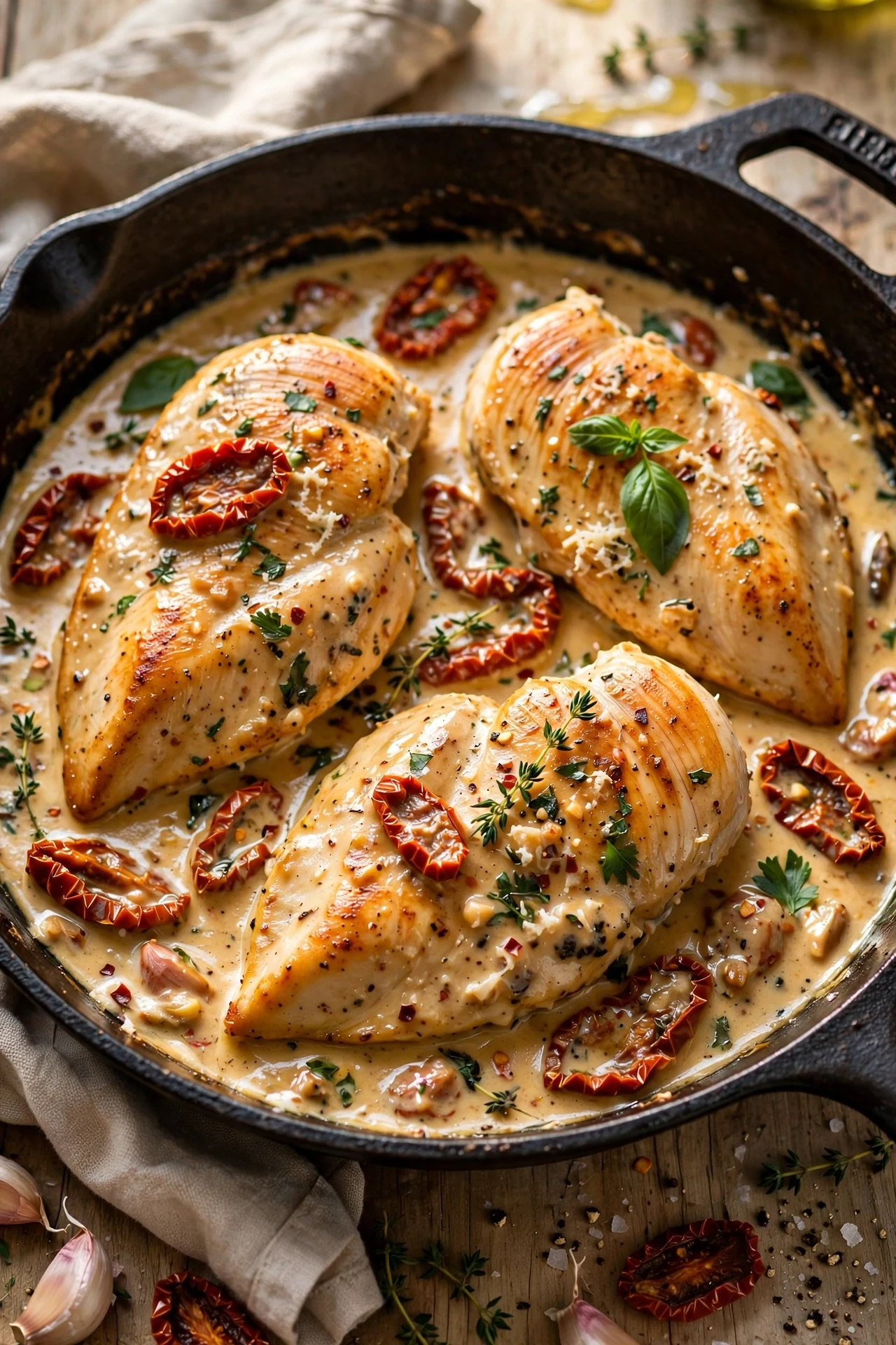 Creamy sun-dried tomato chicken in a skillet