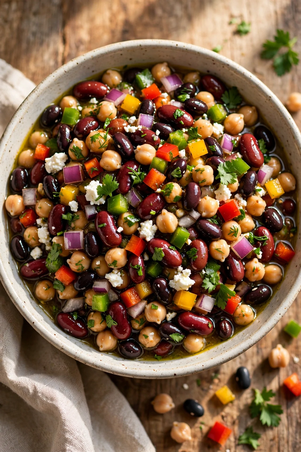 Colourful dense bean salad with herbs and red onion