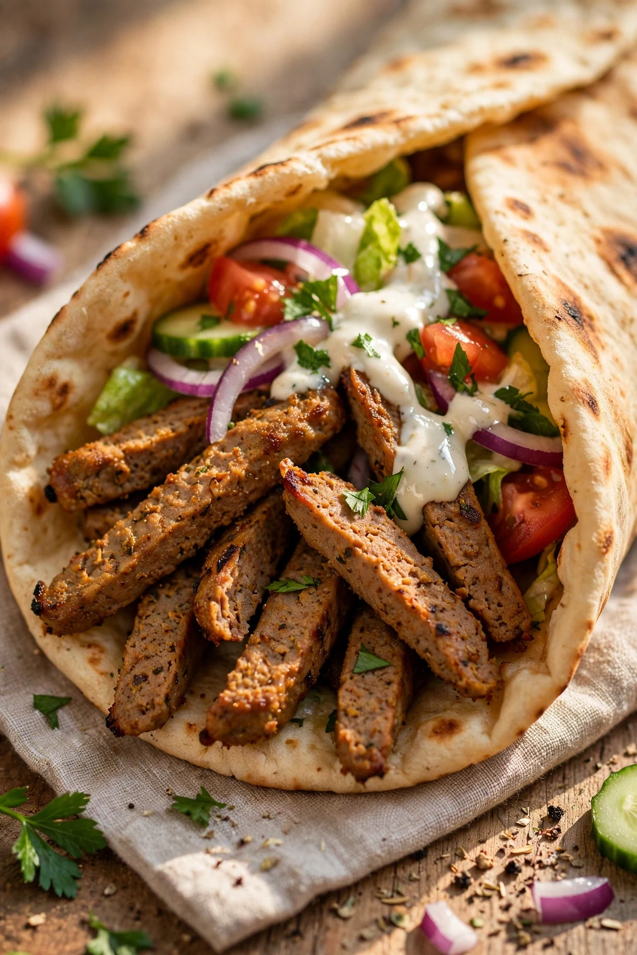 Sliced homemade kebab meat with flatbread and salad