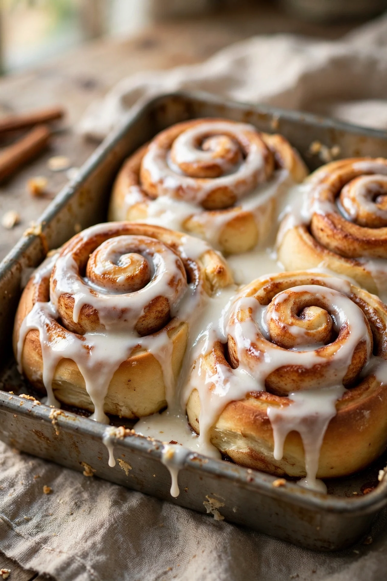 Gooey cinnamon rolls with icing in a baking pan