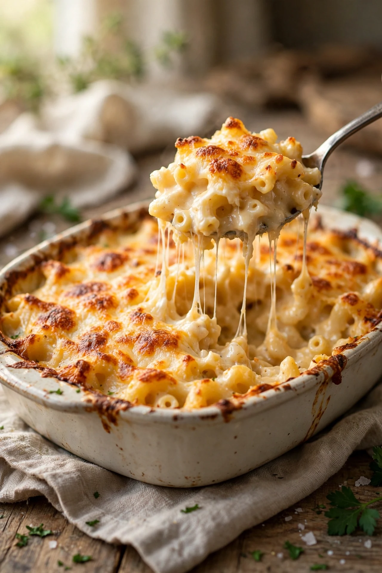 Baked mac and cheese with a golden cheesy crust