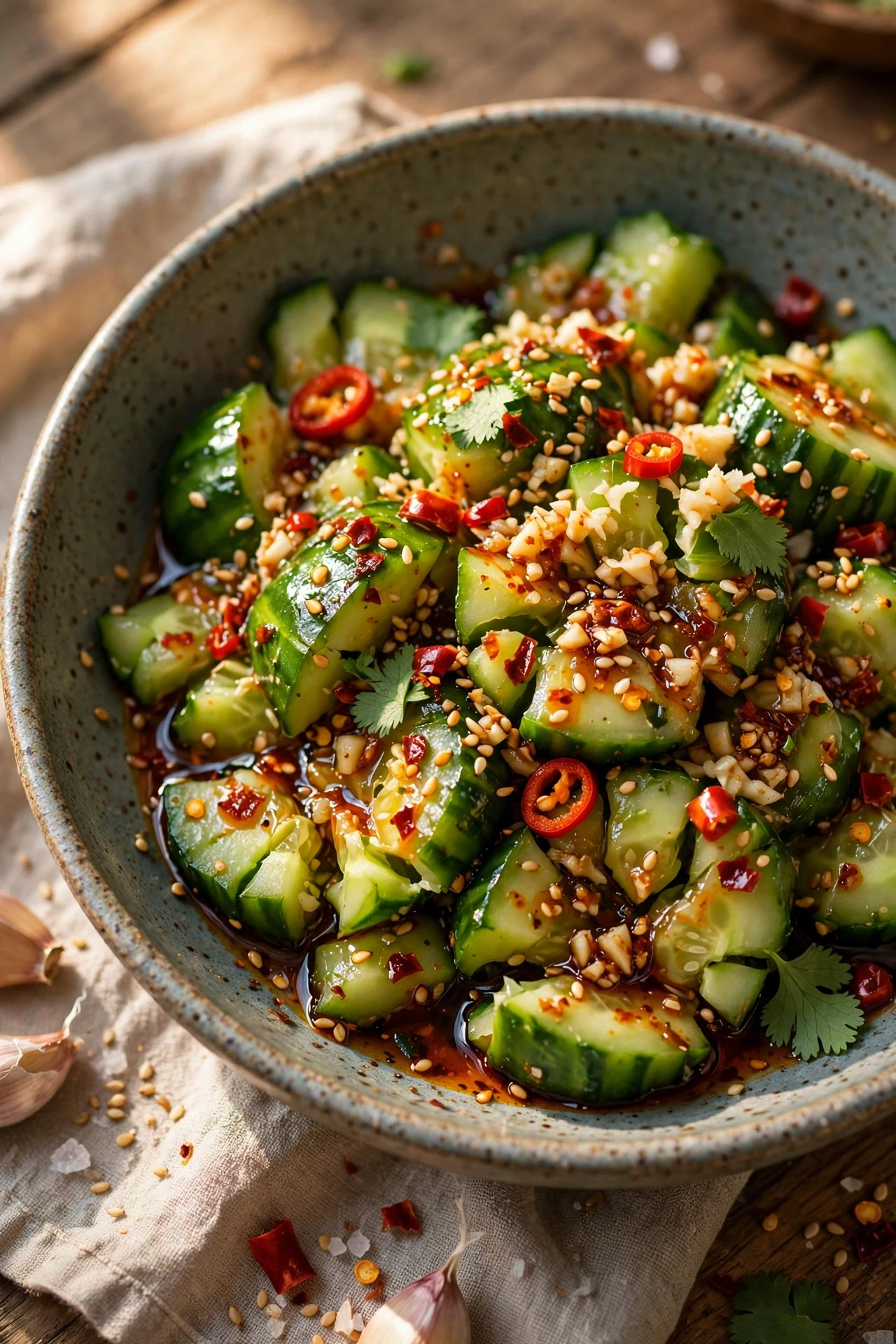 Smashed cucumber salad with chilli oil and garlic