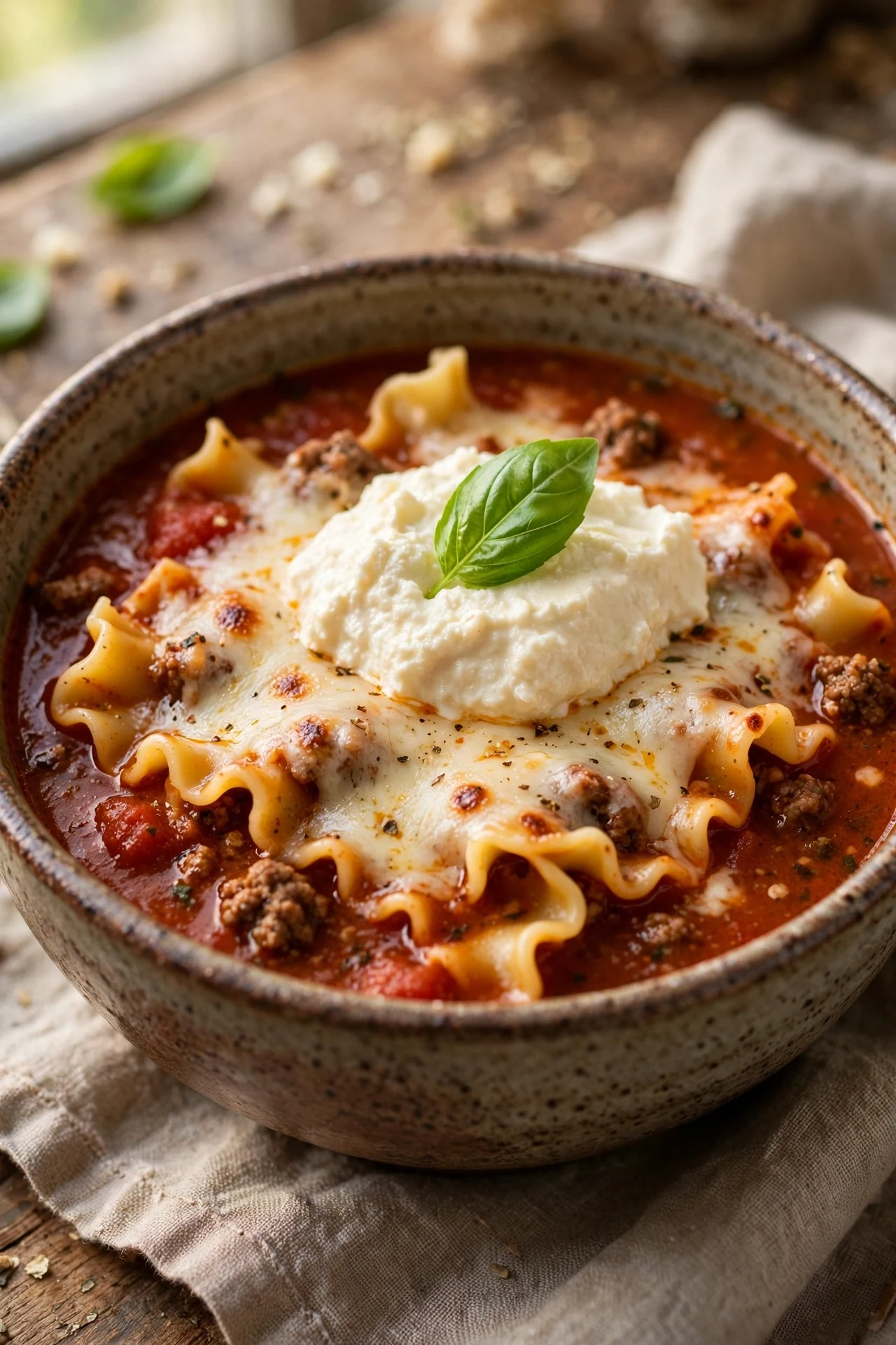 One-pot lasagna soup topped with ricotta and basil