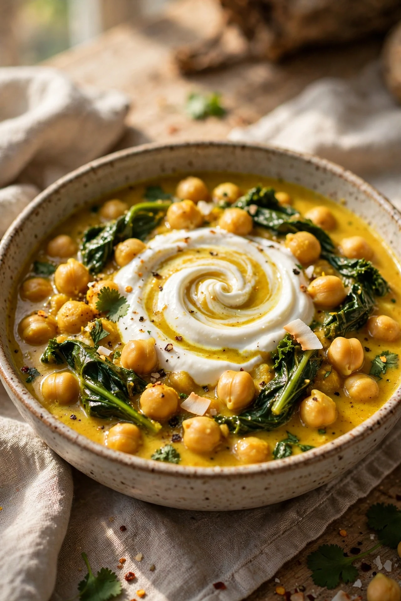 Golden chickpea stew with coconut and turmeric and greens