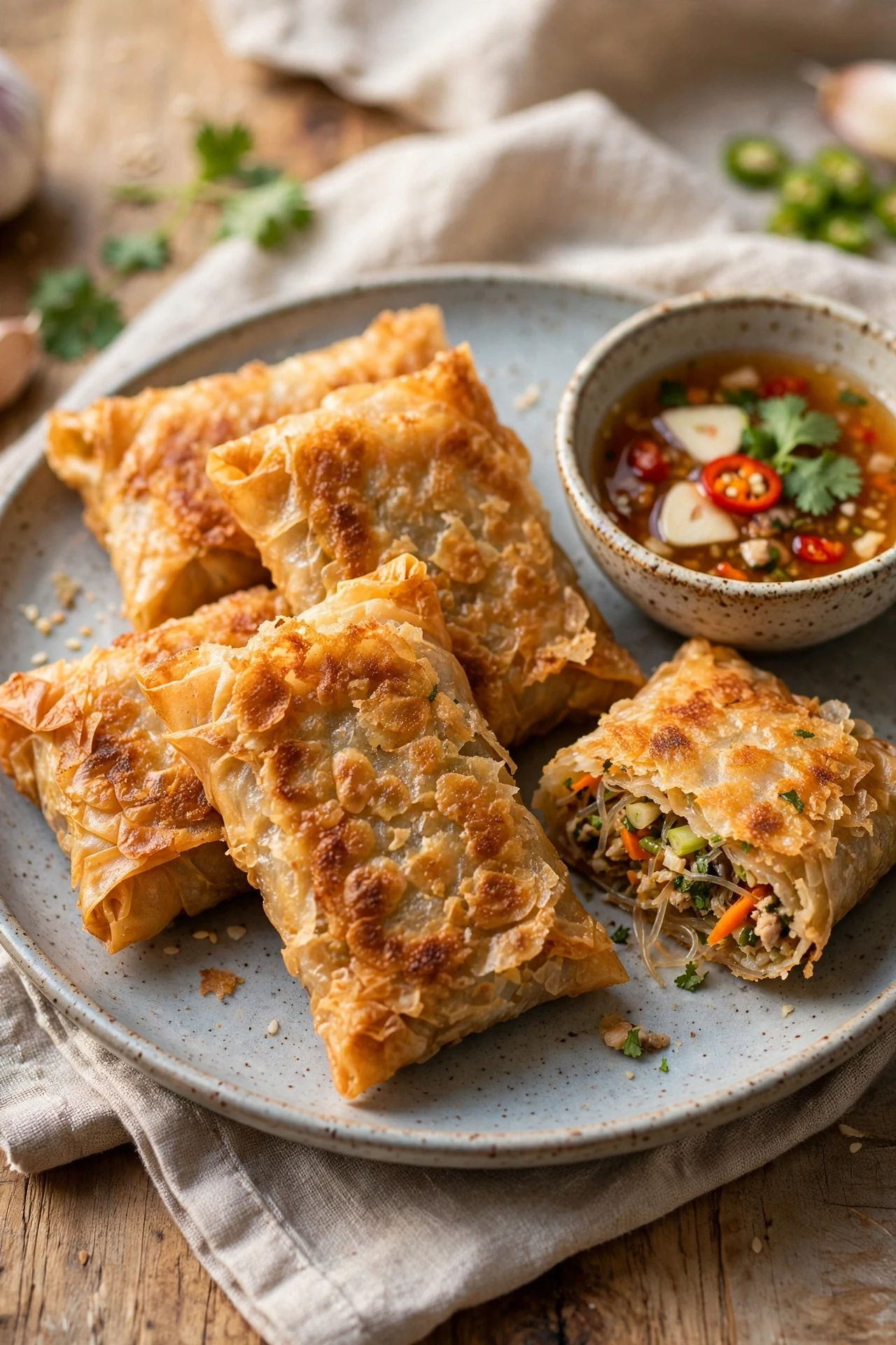 Golden crispy rice paper packets with dipping sauce