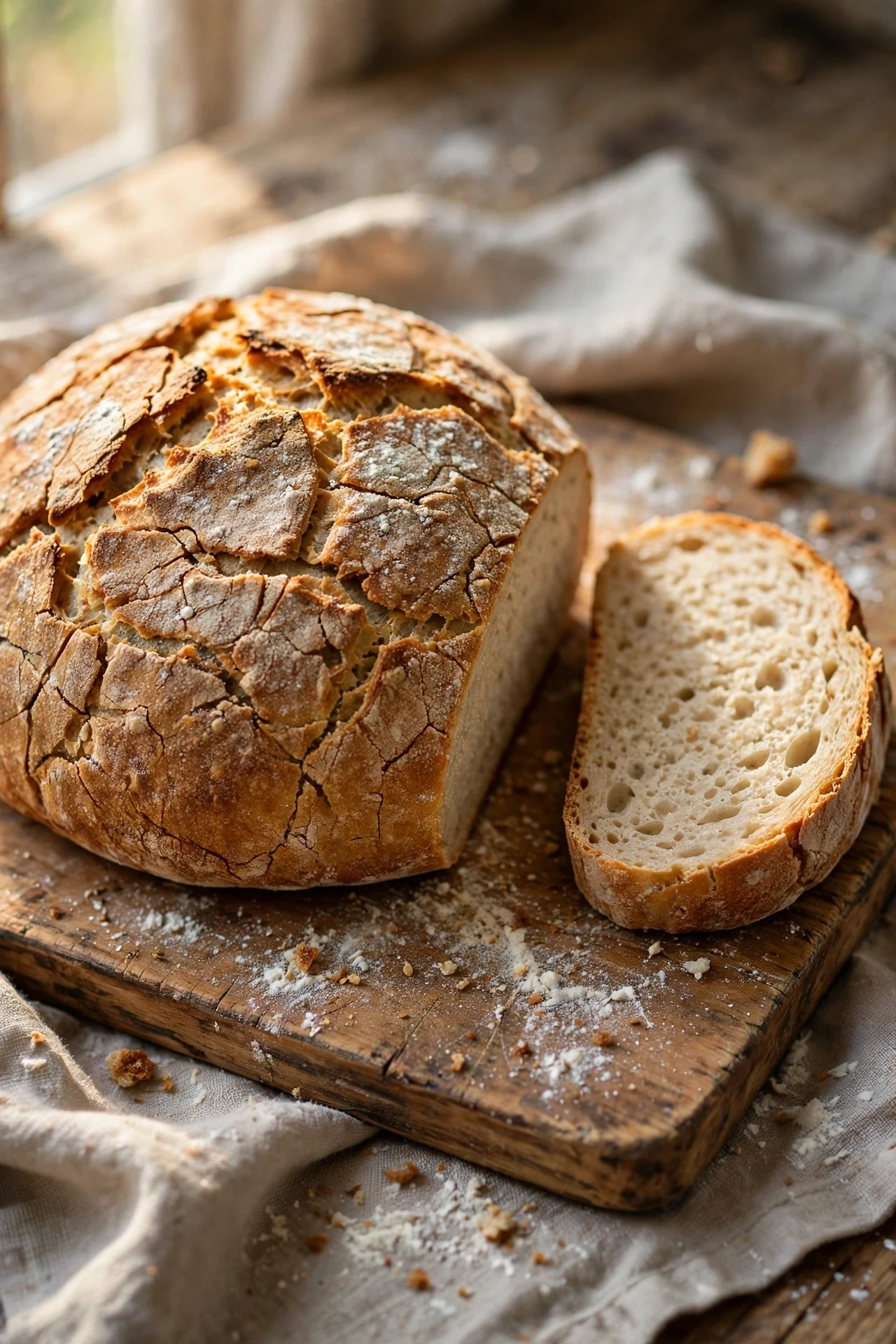 Rustic no-knead bread loaf with a crackly crust