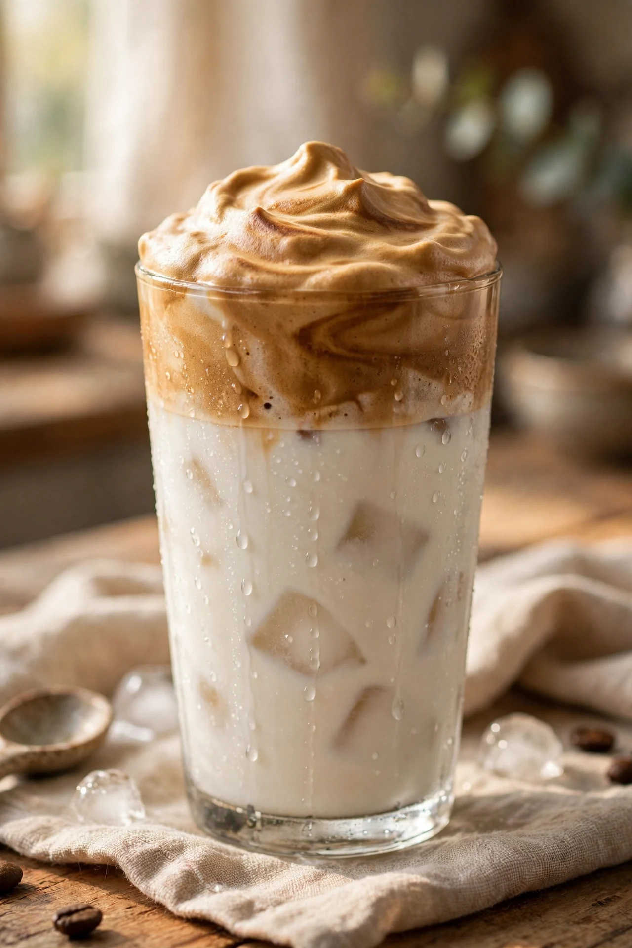 Whipped dalgona coffee foam over iced milk in a glass