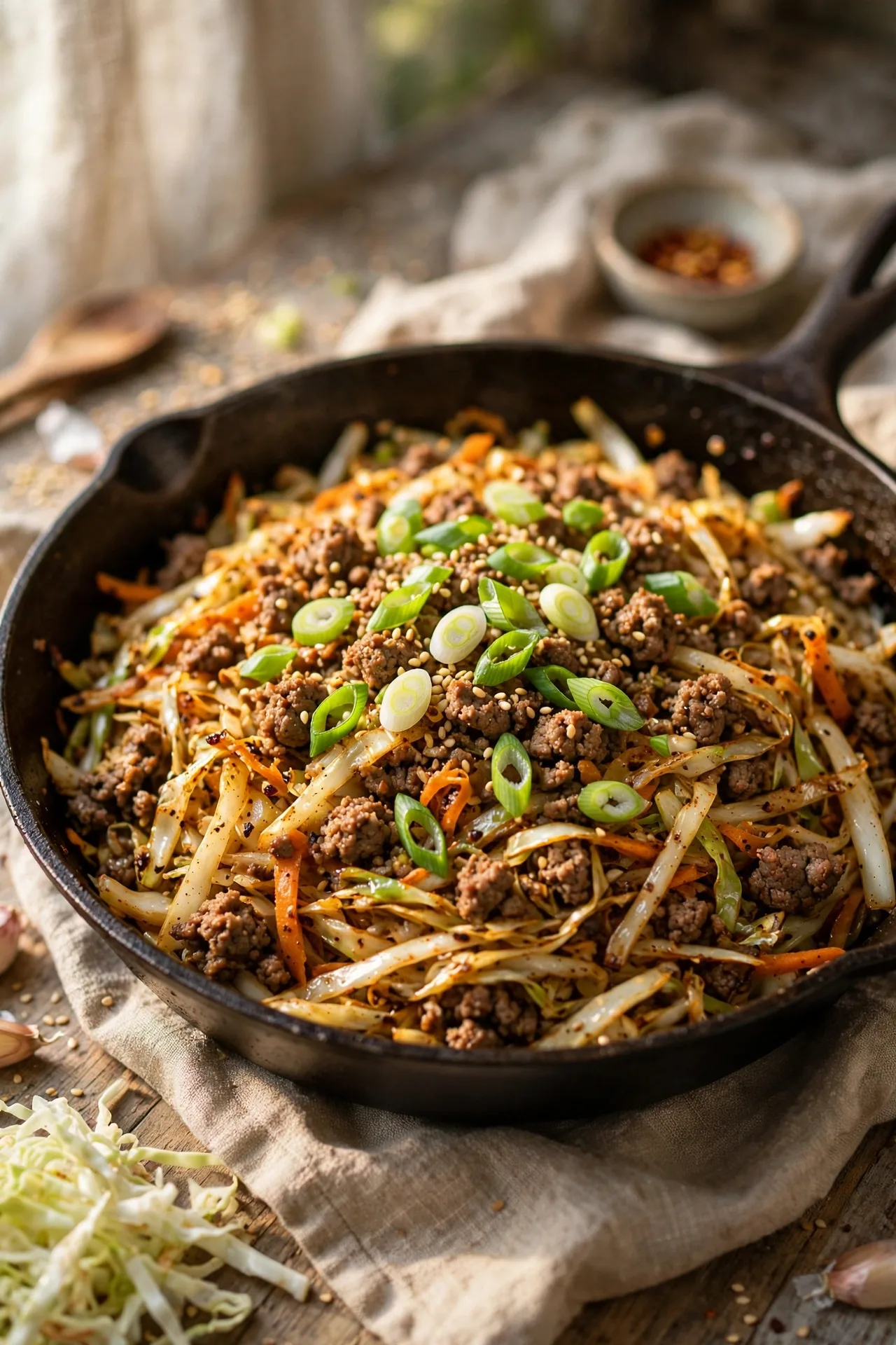 Egg roll in a bowl with cabbage and minced meat