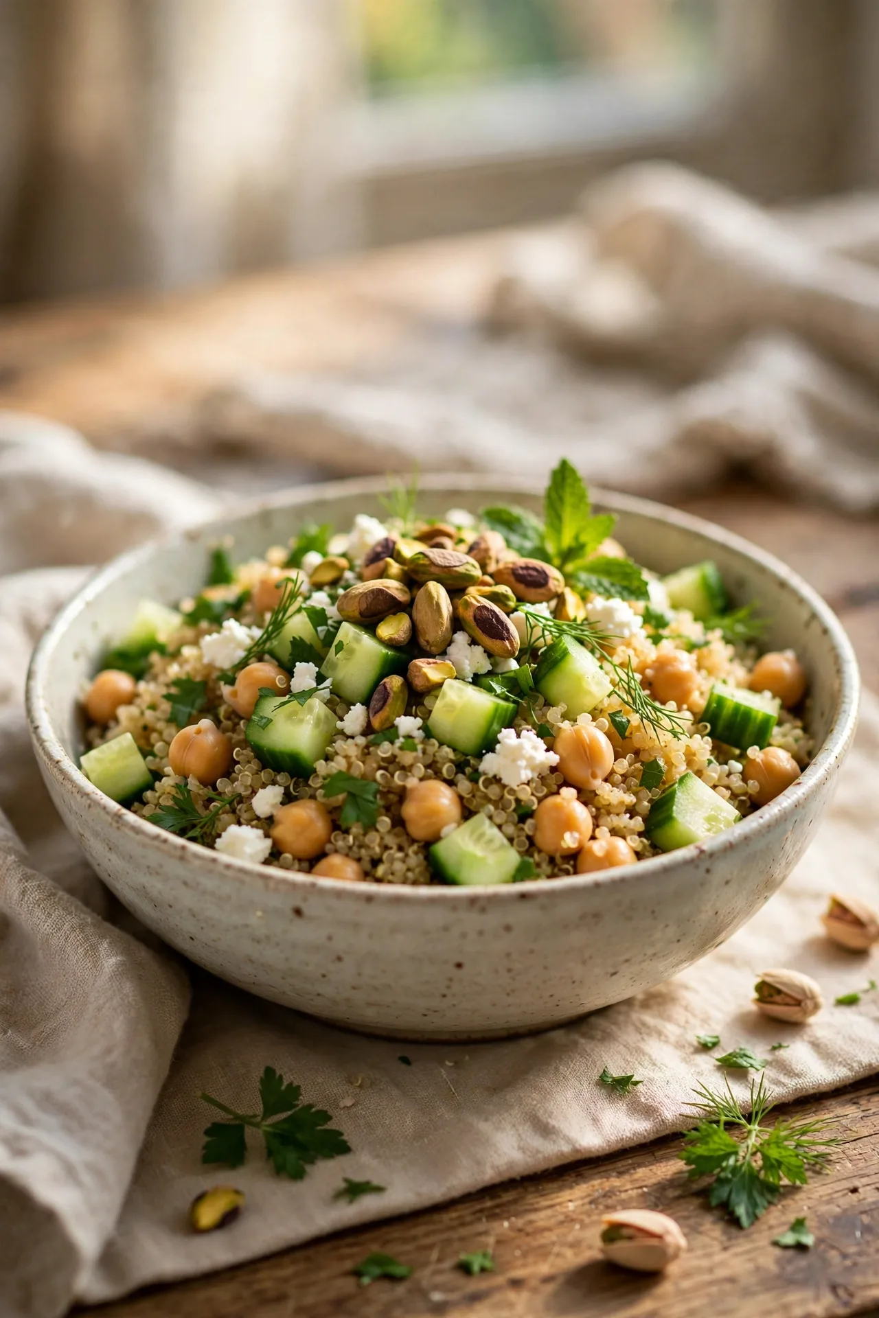 Quinoa salad with chickpeas, feta, pistachios, and herbs