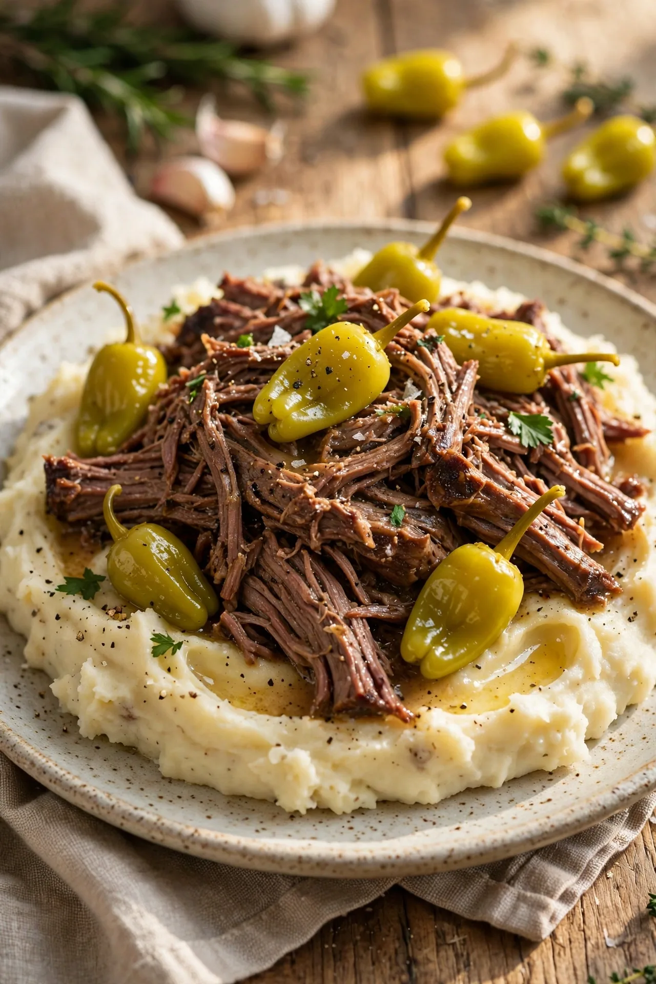 Shredded Mississippi pot roast with pepperoncini peppers