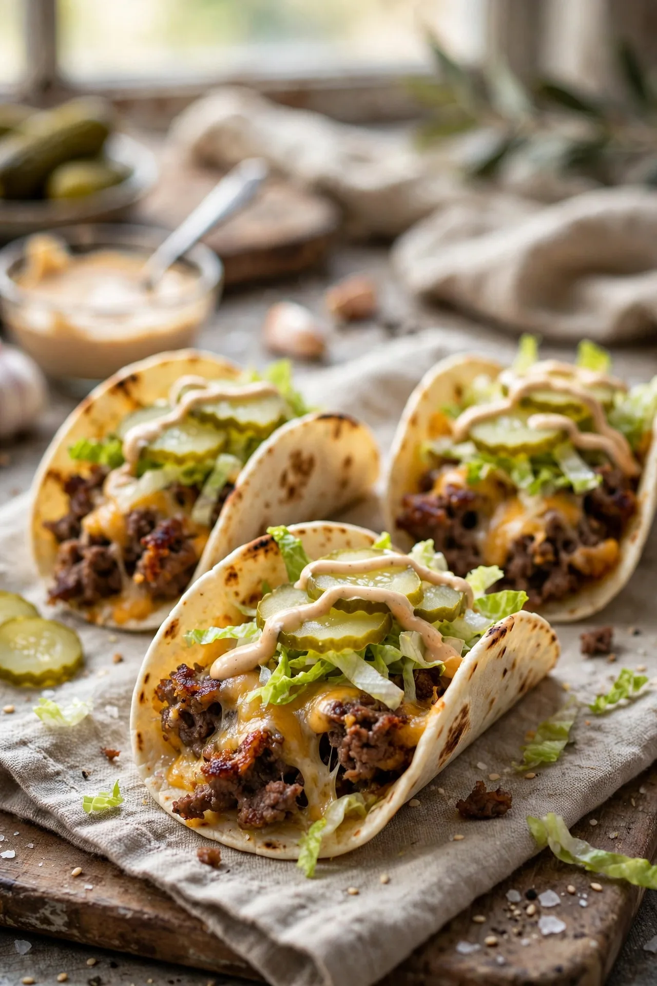 Smash burger tacos with burger sauce, lettuce, and cheese