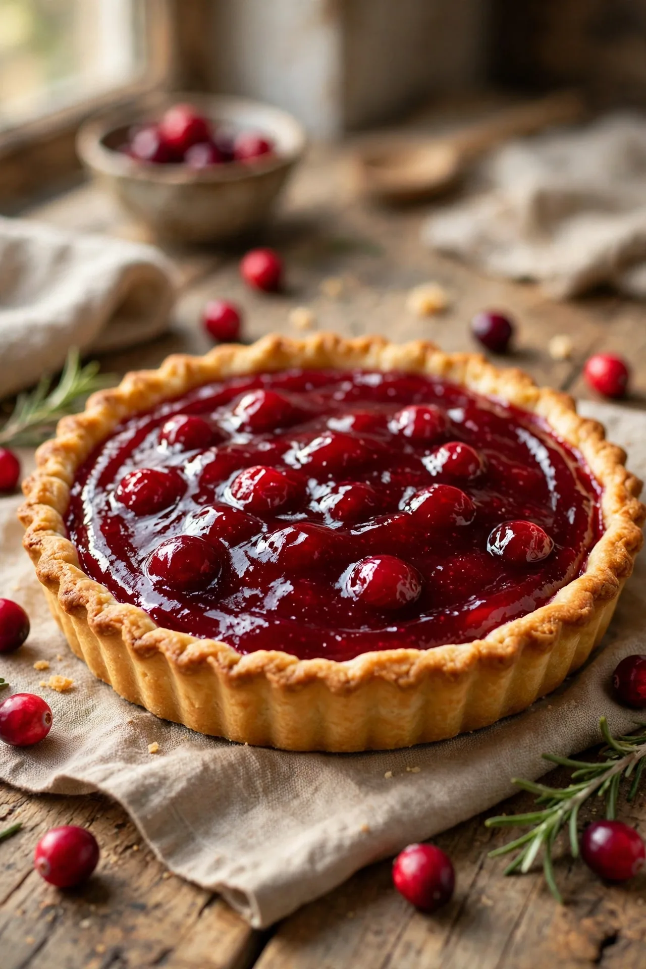 Cranberry tart with a golden crust on a table