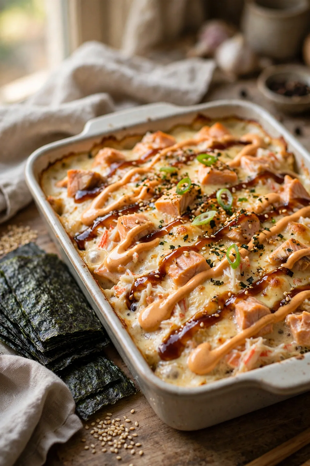 Sushi bake casserole with salmon, served with nori sheets