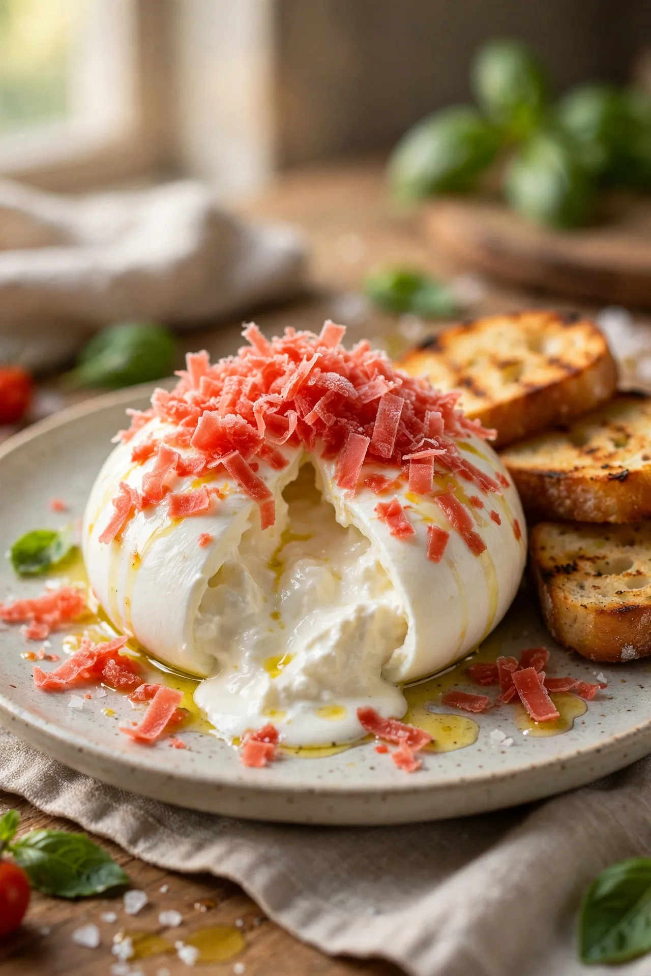 Burrata topped with grated frozen tomato and olive oil