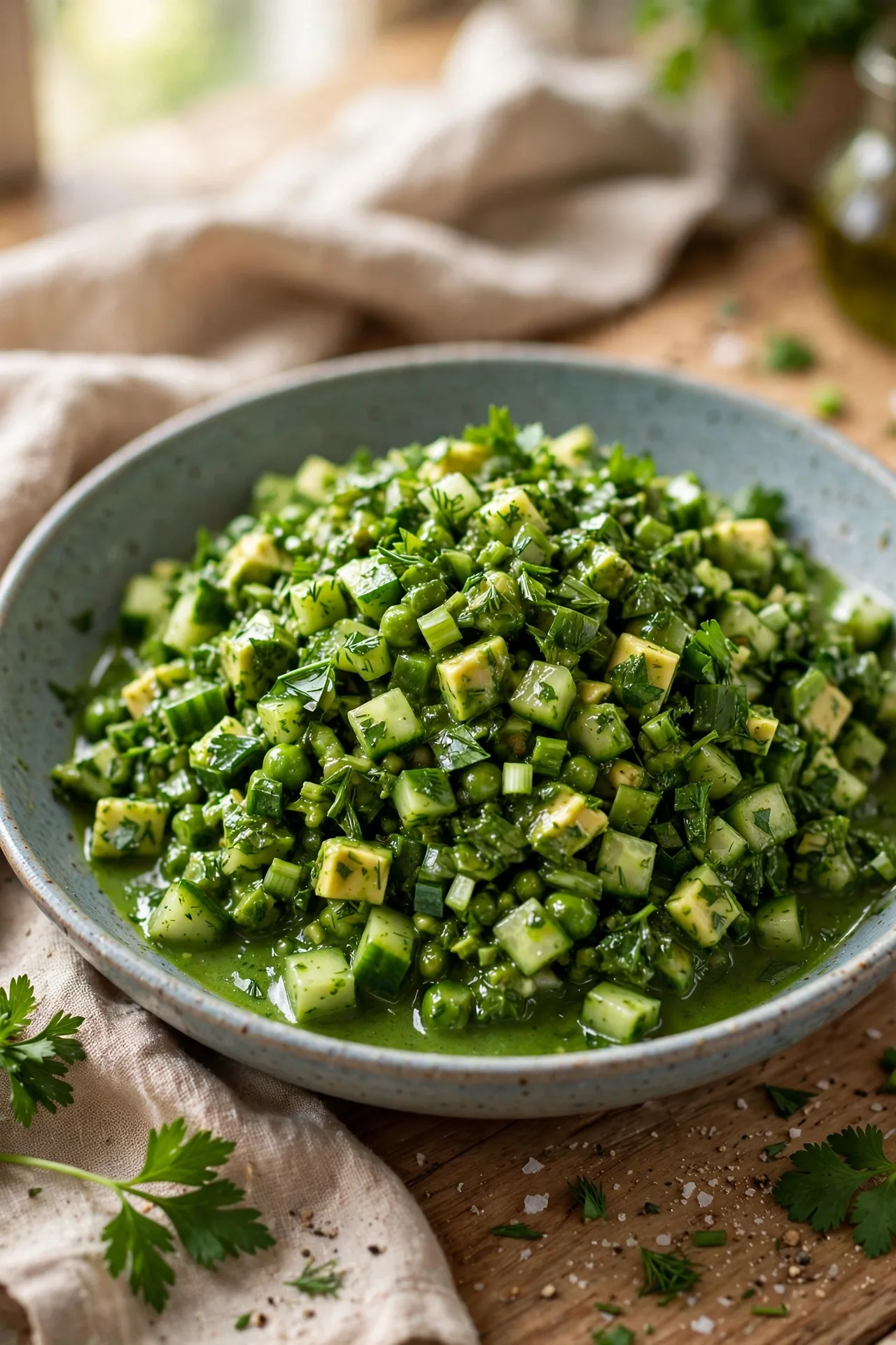 Finely chopped green goddess salad with green herb dressing